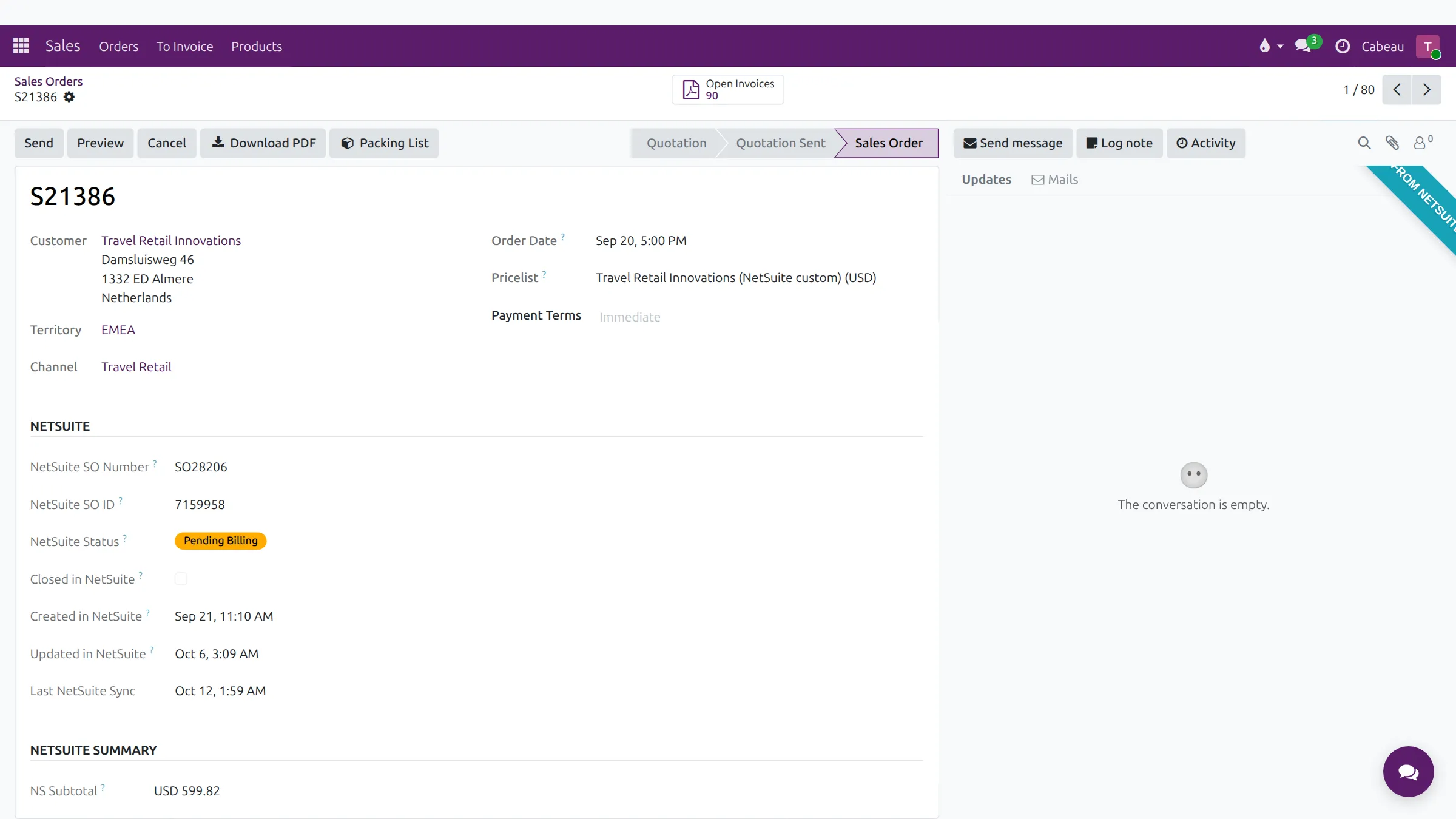 A sales order with shipment details