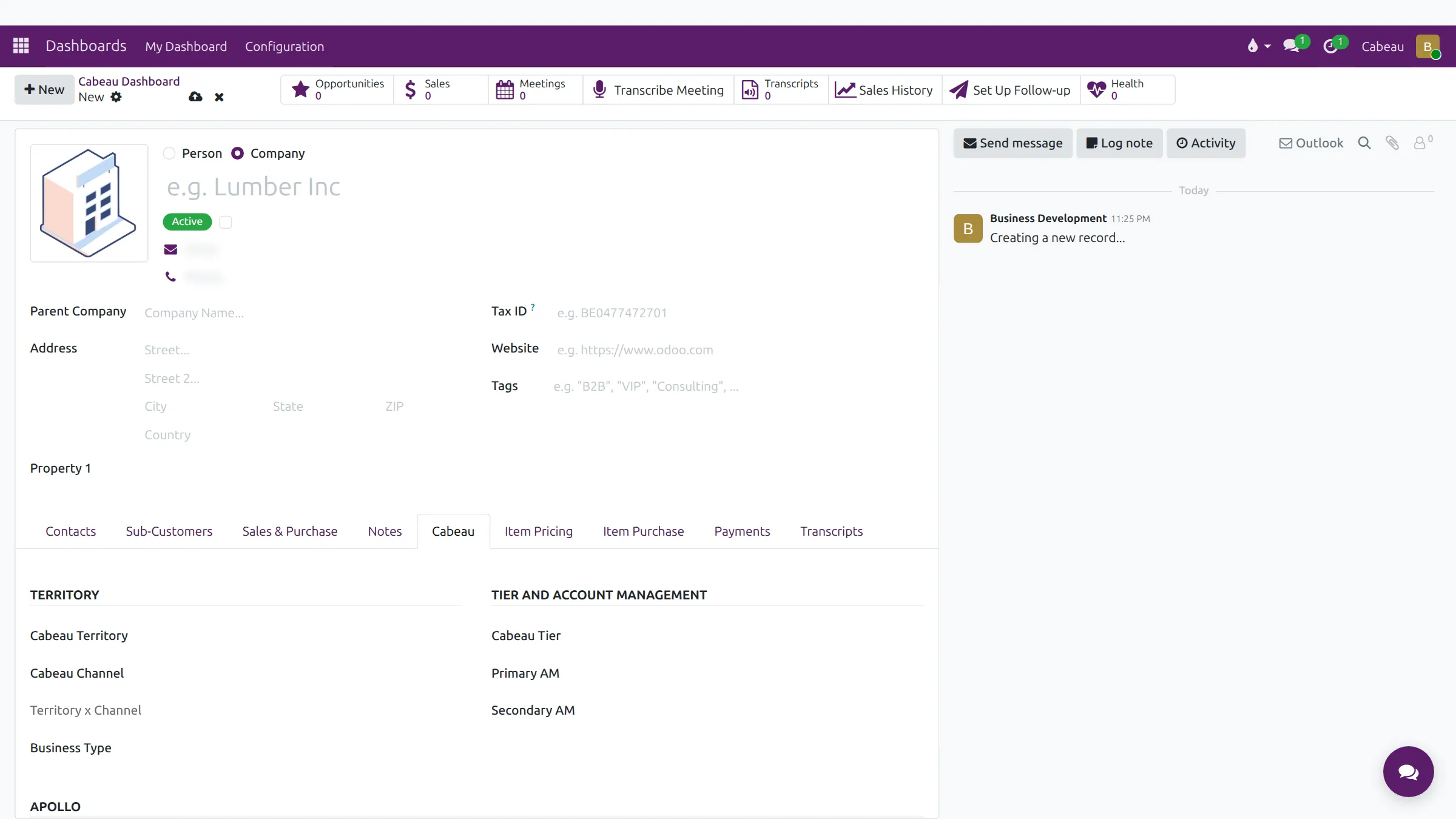 The Cabeau tab on a new customer