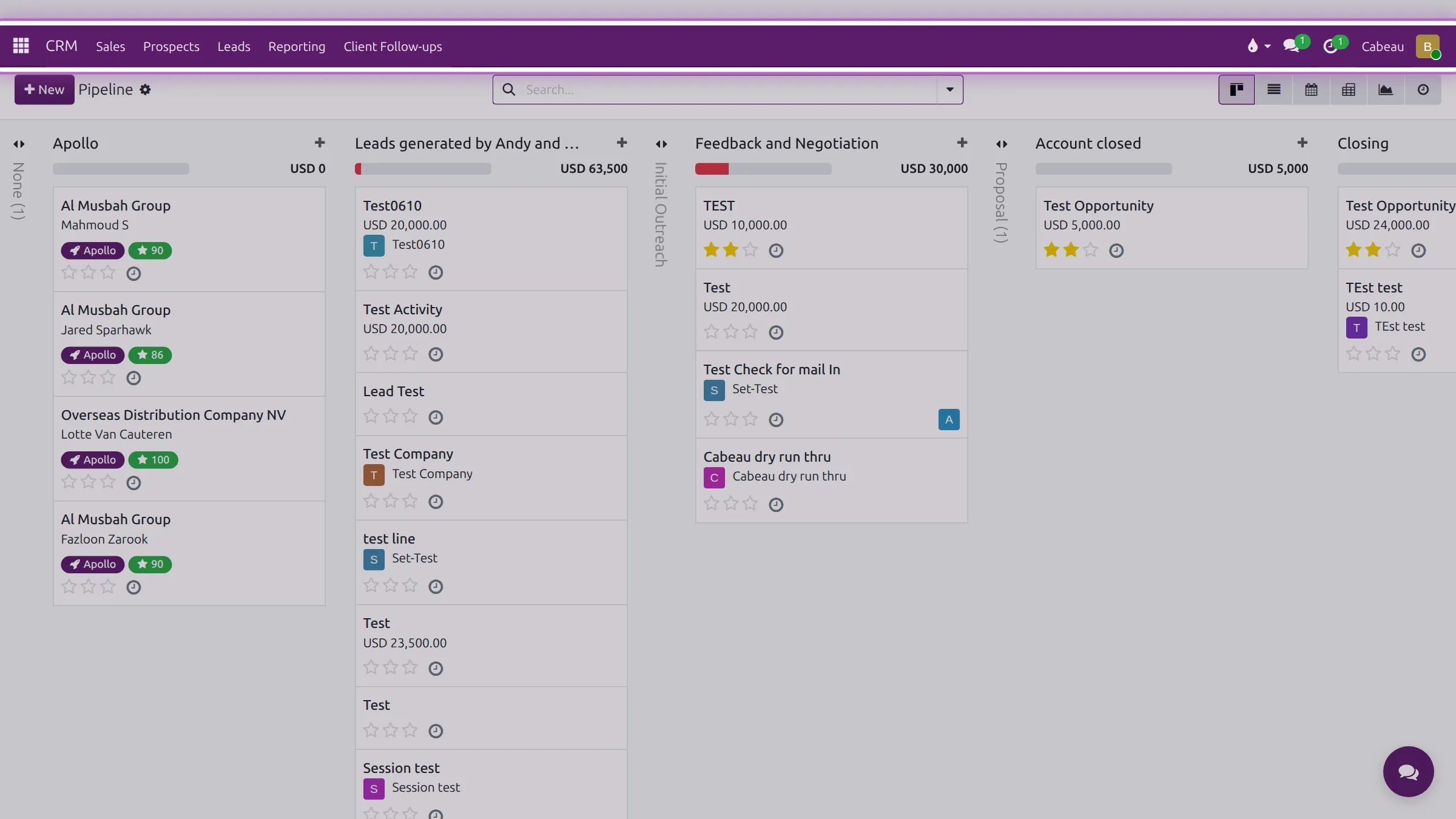The menu bar for the CRM app
