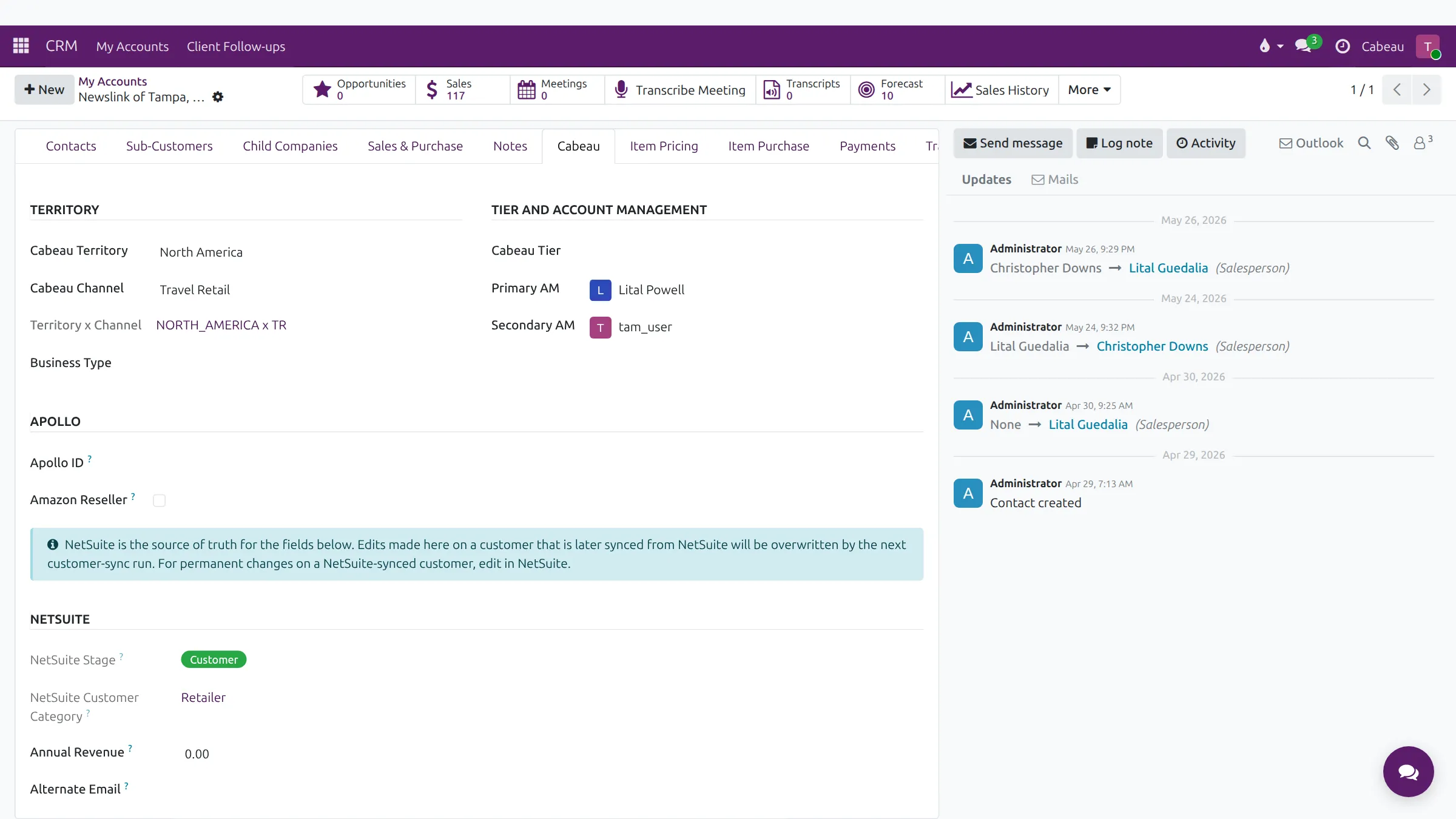 Territory and account managers on the Cabeau tab