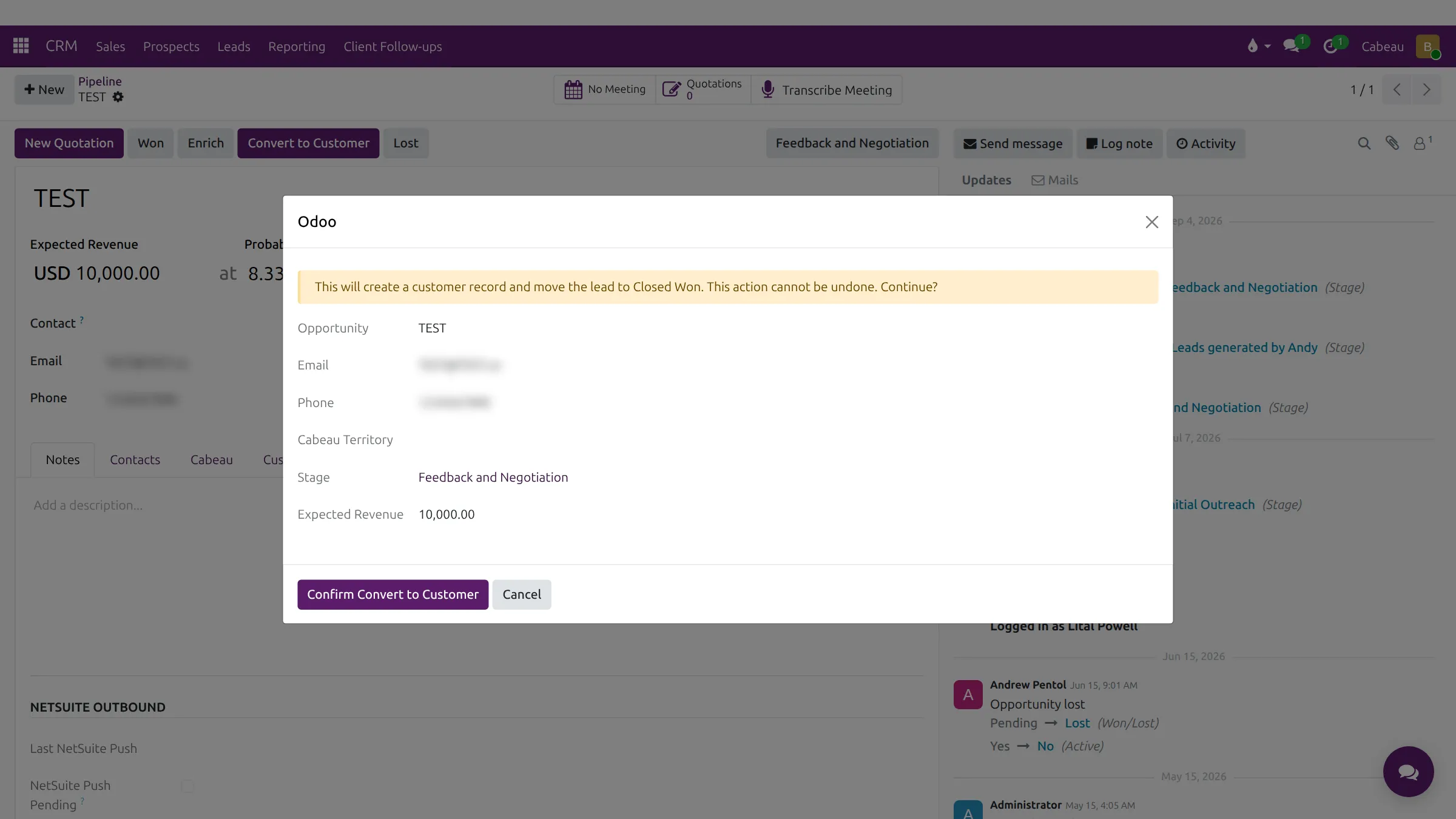 The Convert to Customer confirmation