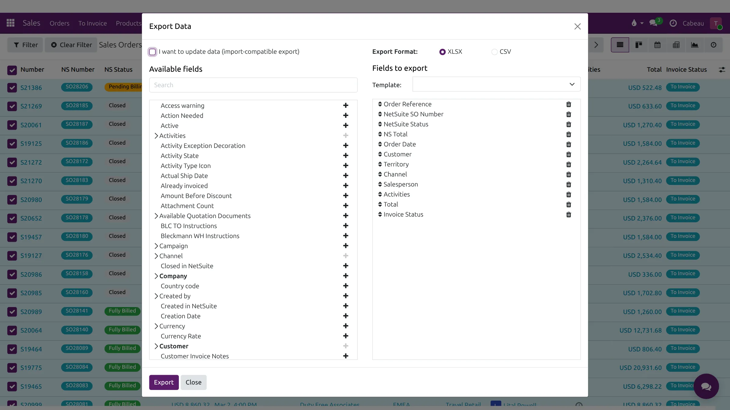 The Export Data dialog