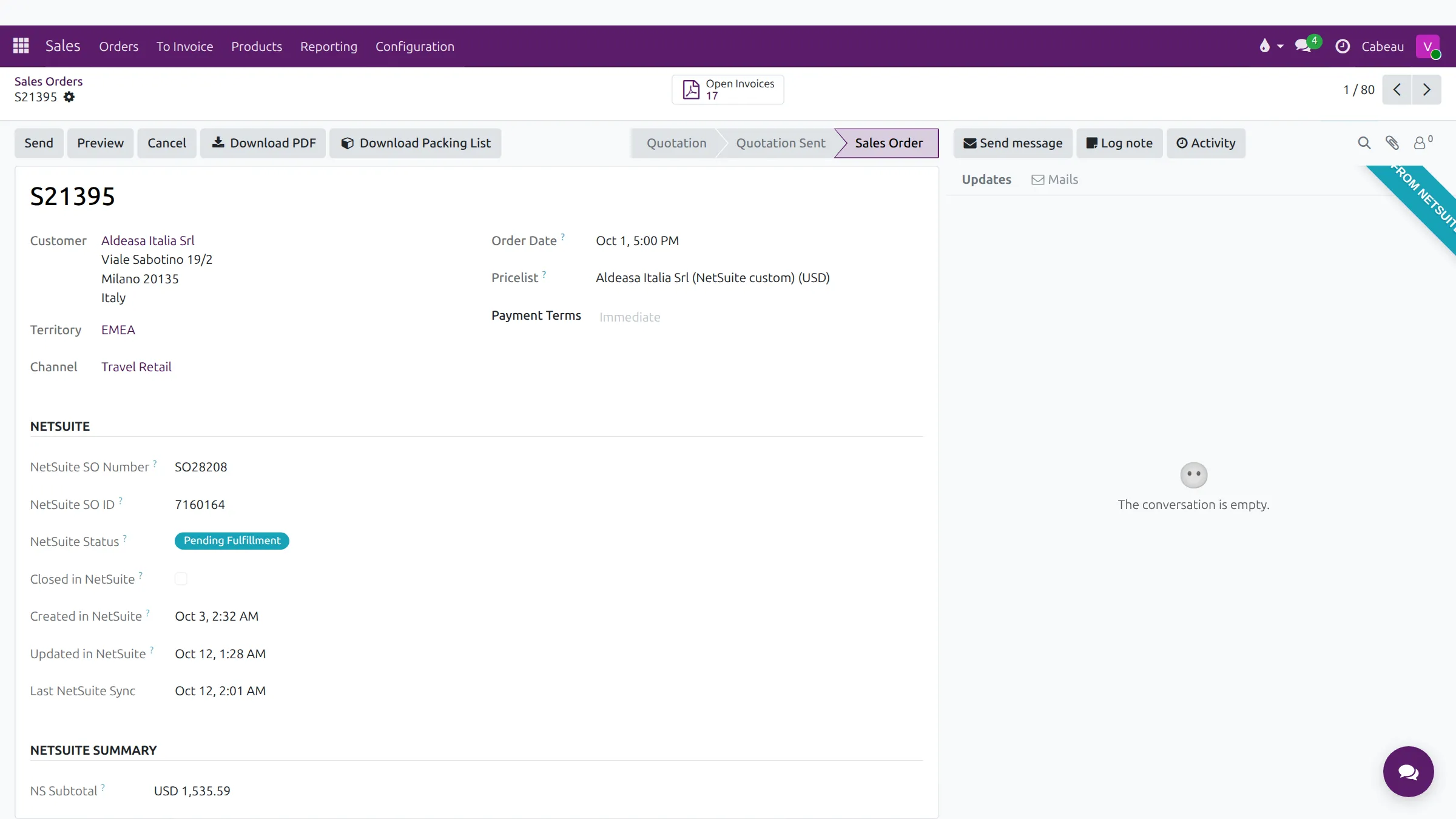 The NetSuite section on an order