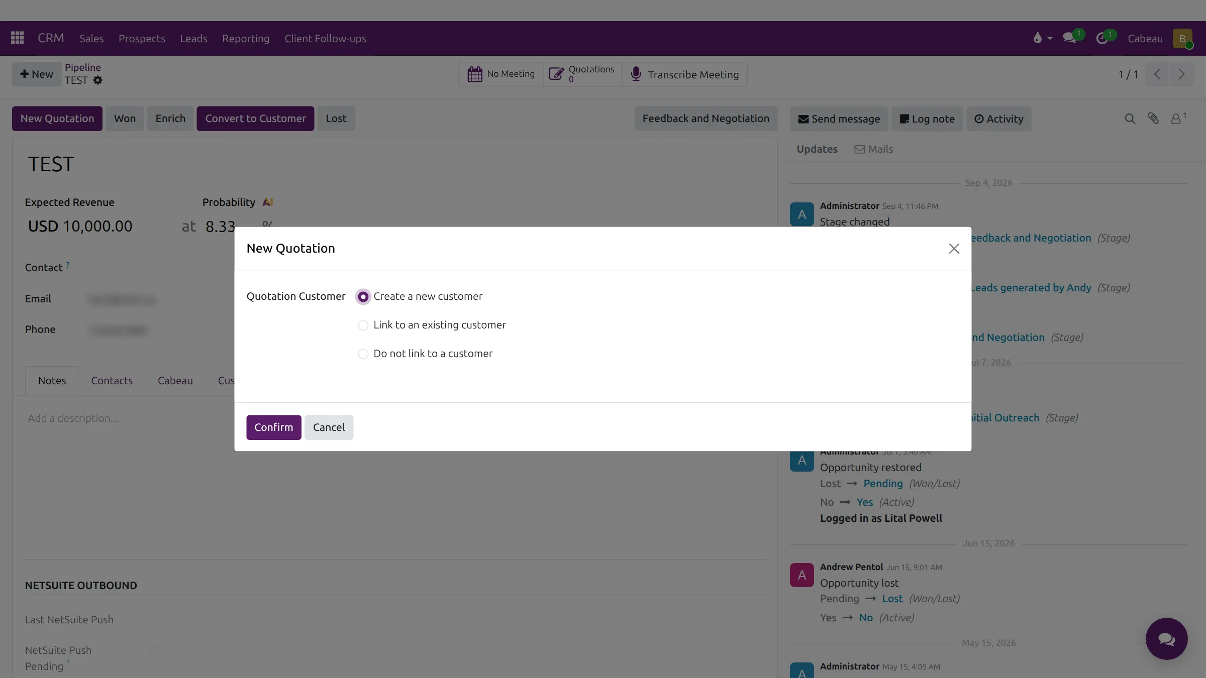 Choosing the customer for a new quotation