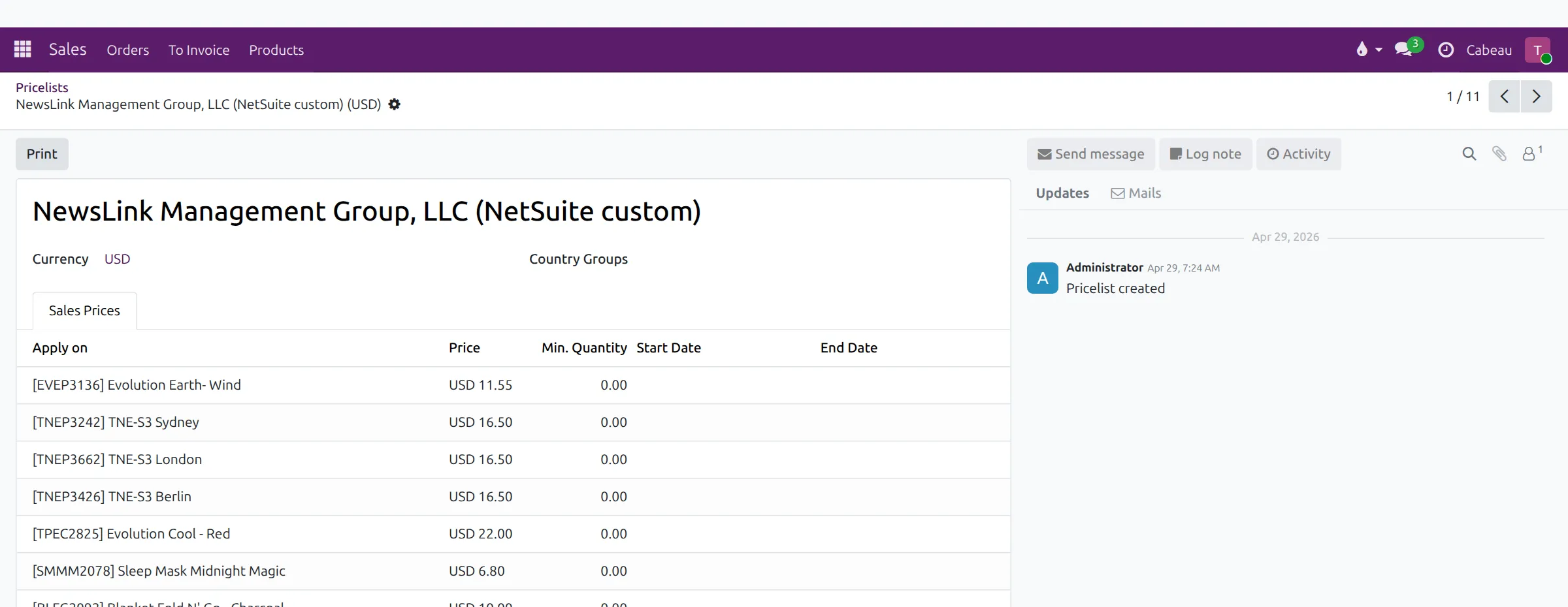 A customer price list