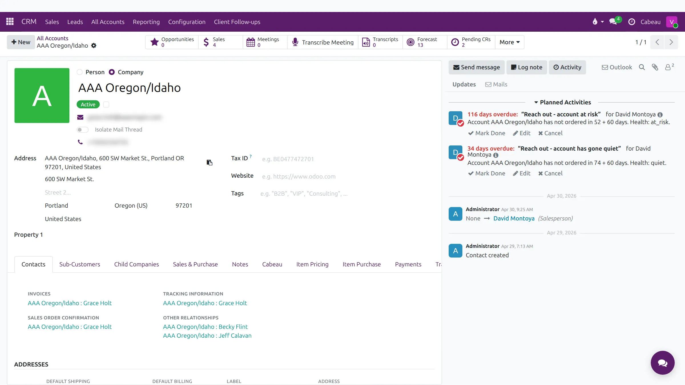 An account record with smart buttons, tabs and the chatter