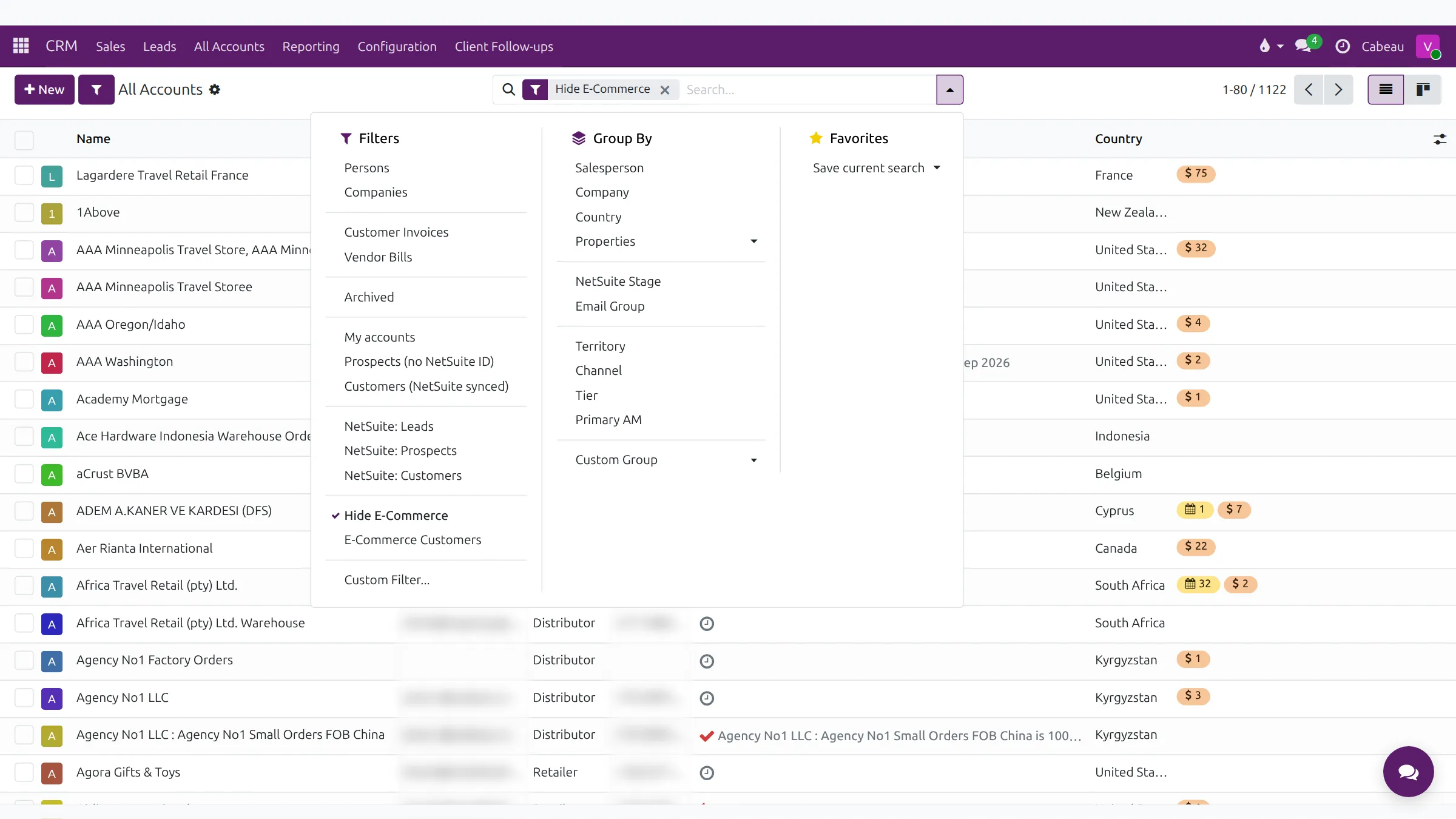 Filter and group options on the account list