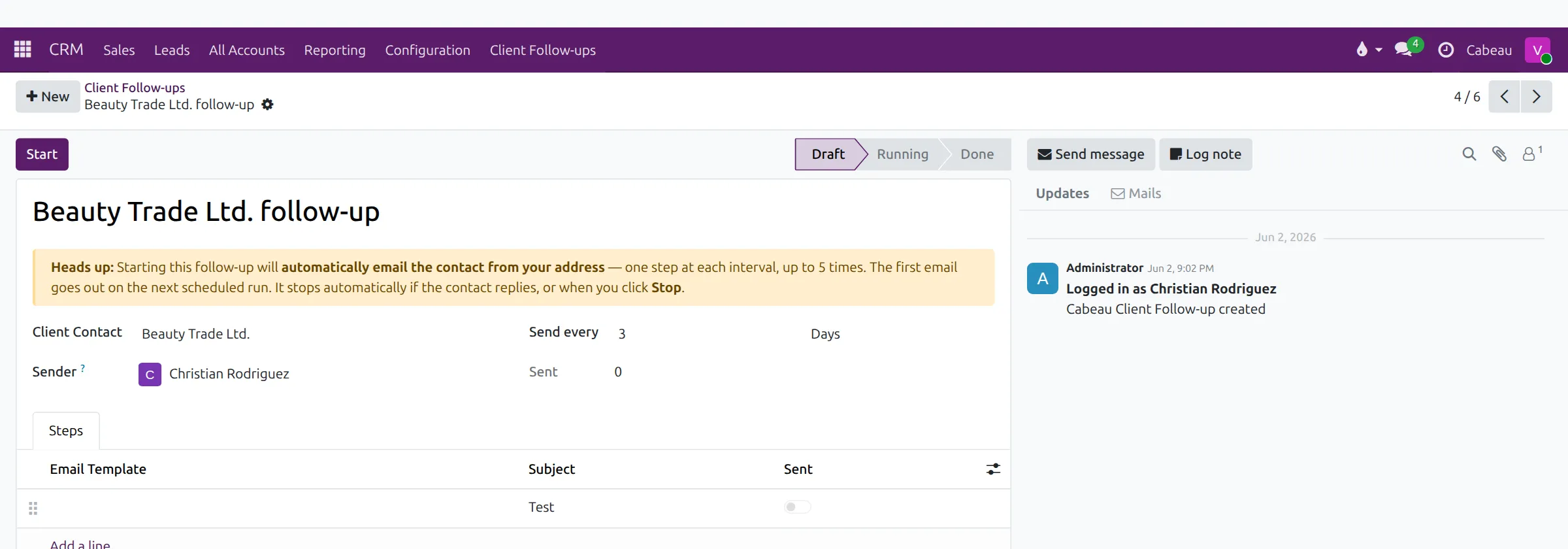 One client follow-up with its steps
