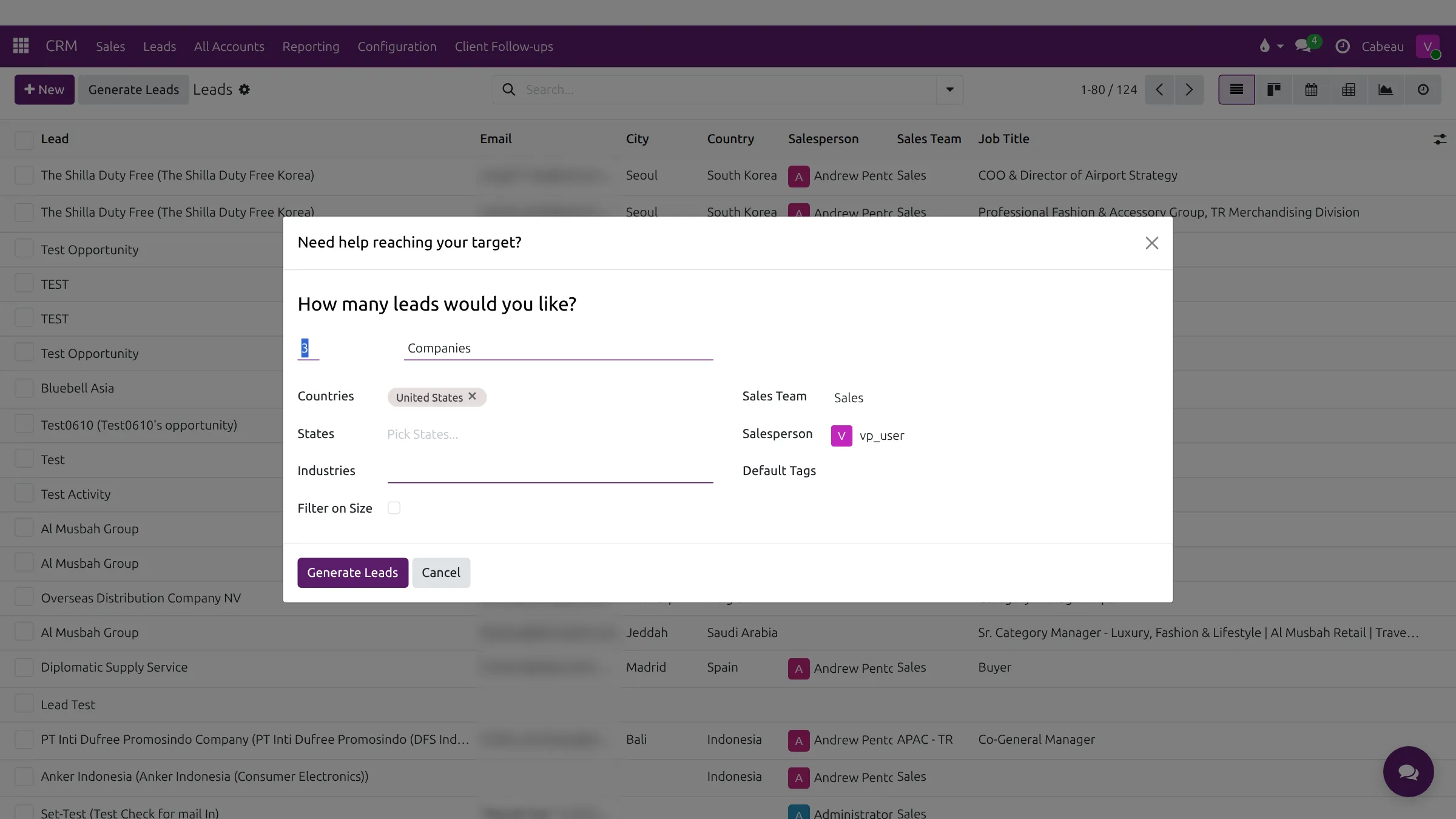 The Generate Leads dialog