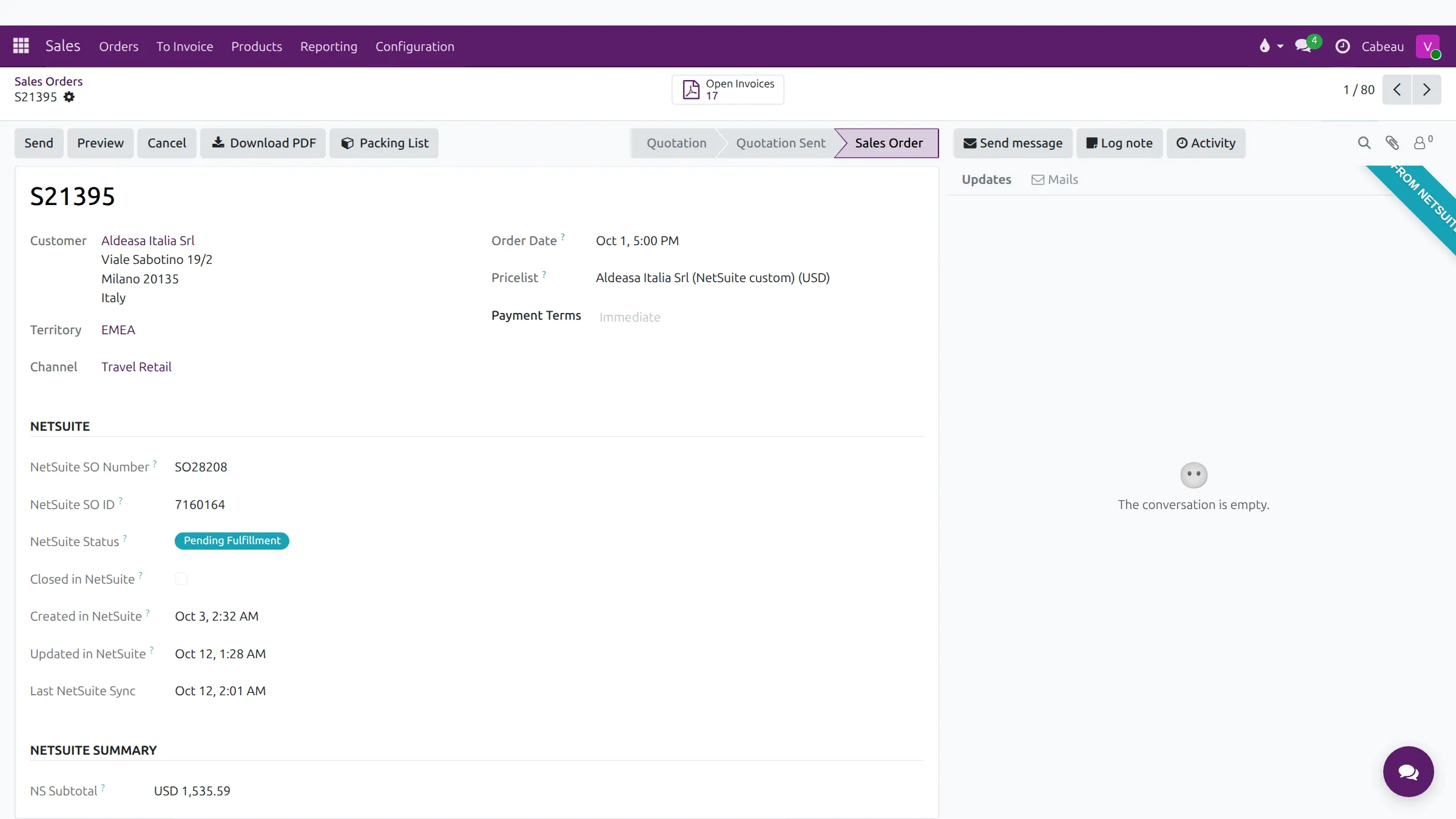 A sales order synced from NetSuite
