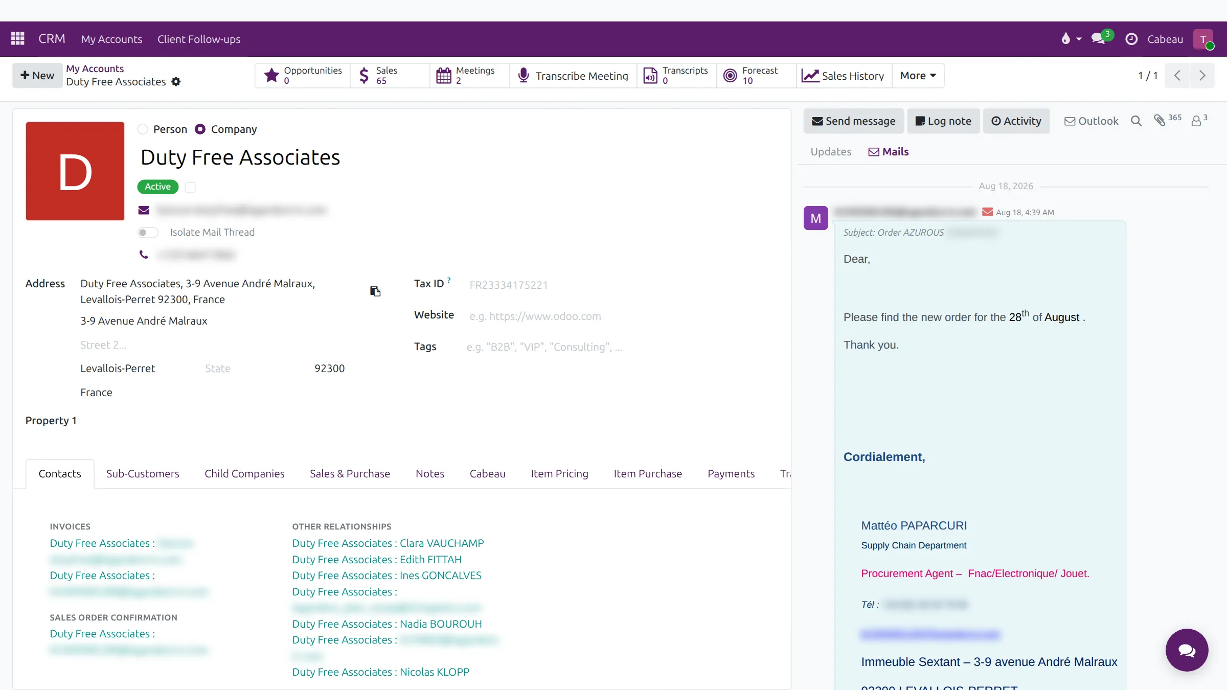The Mails tab on an account