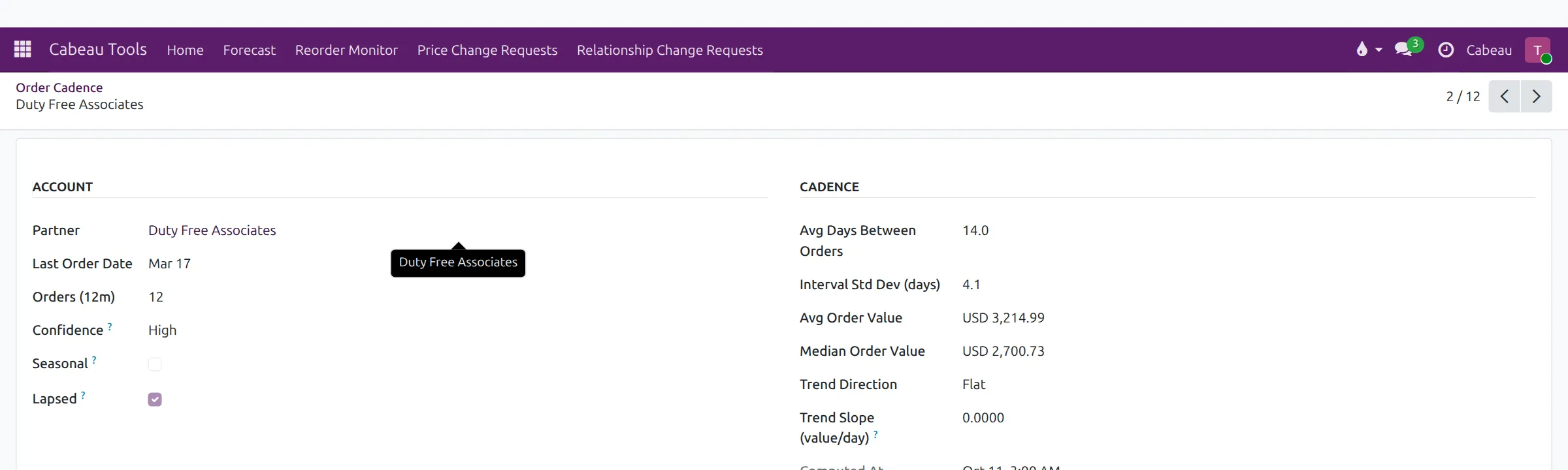 One account's order cadence detail